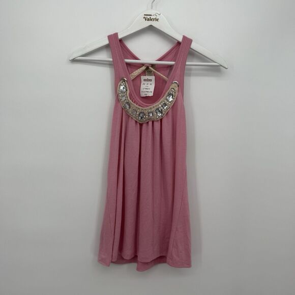 Eyelash Couture Y2k Pink Tank Top Jeweled Neckline Lace Ribbon Small Coquette - Picture 1 of 10